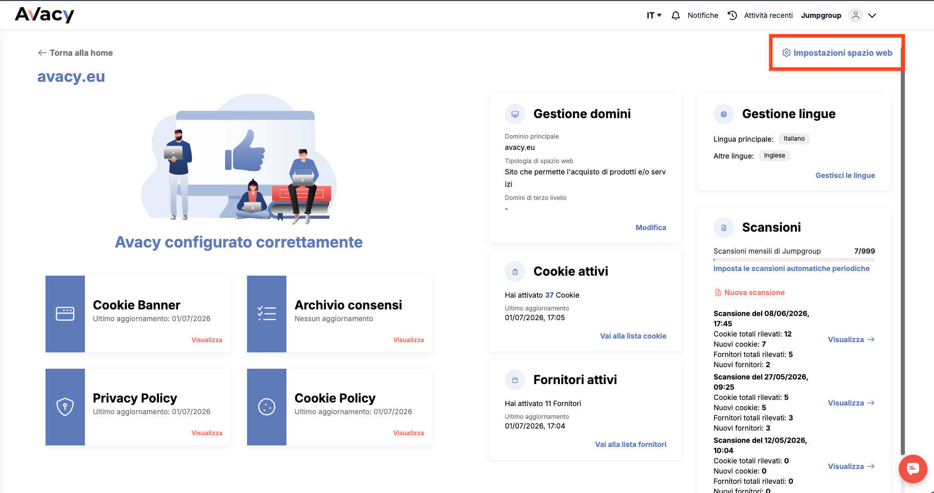 Impostazioni spazio web