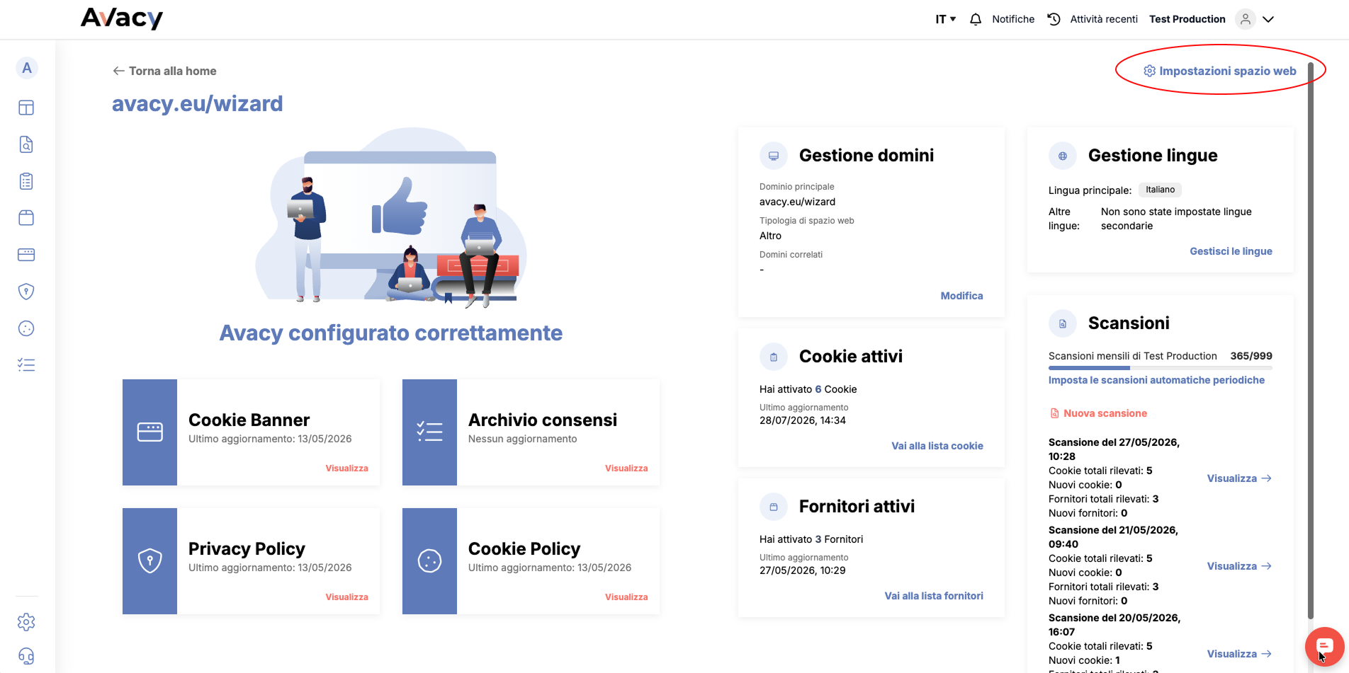 Bottone "Impostazioni spazio web" nella dashboard dello spazio web