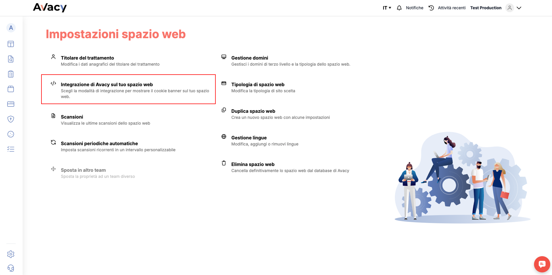 Voce "Integrazione di Avacy sul tuo spazio web" nelle impostazioni dello spazio web