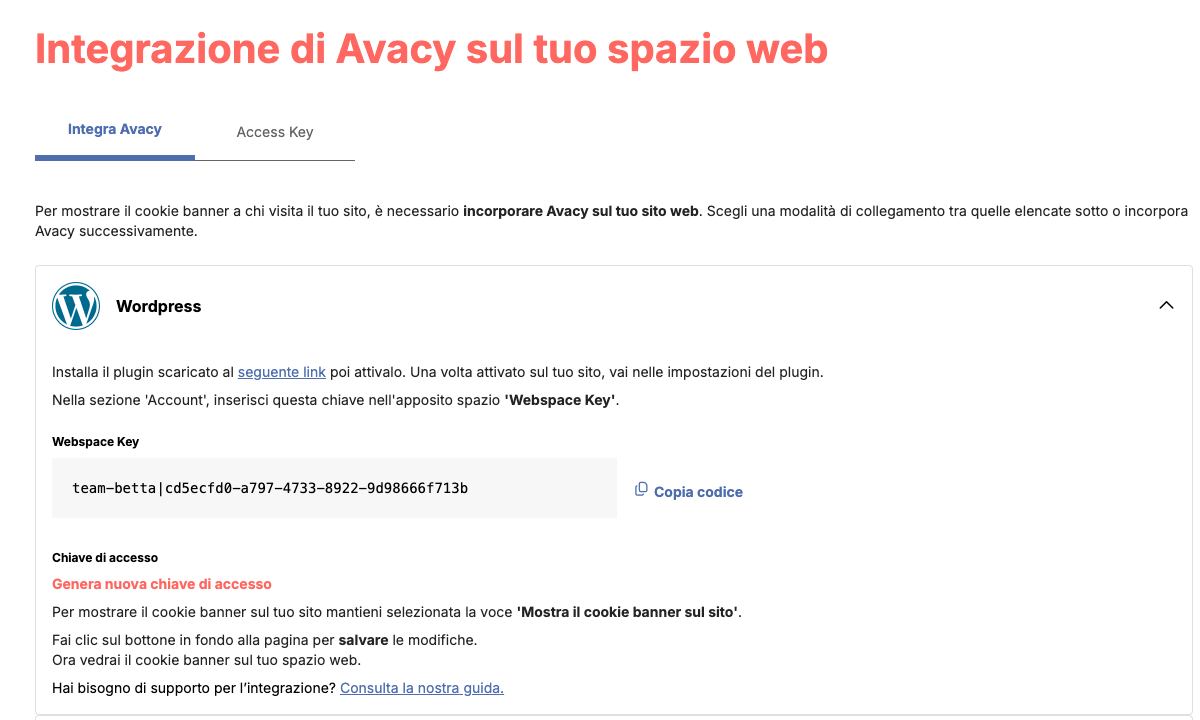 Copia la Webspace Key dal pannello WordPress