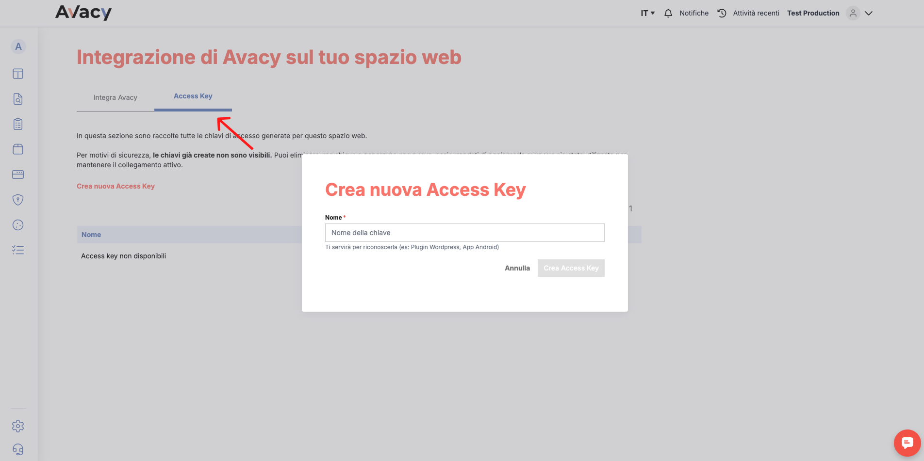 Tab "Access Key" con la modale di creazione di una nuova chiave