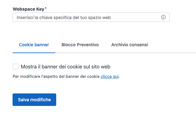 Campo Webspace Key nel plugin WordPress